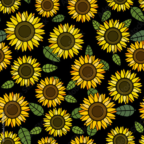 Sunflower and leaves illustration overlaping yellow and orange over black background seamless pattern.	