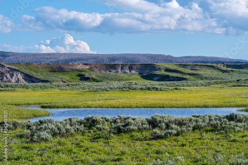 A beautiful overlooking view of nature in Yellowstone National Park, Wyoming