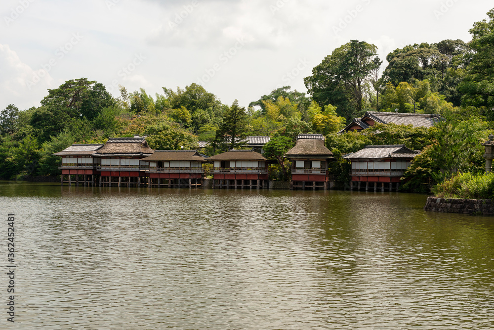 Fototapeta premium View of Hachijoga-ike pond at Nagaoka-tenmangu shrine in Nagaokakyo, Kyoto Japan