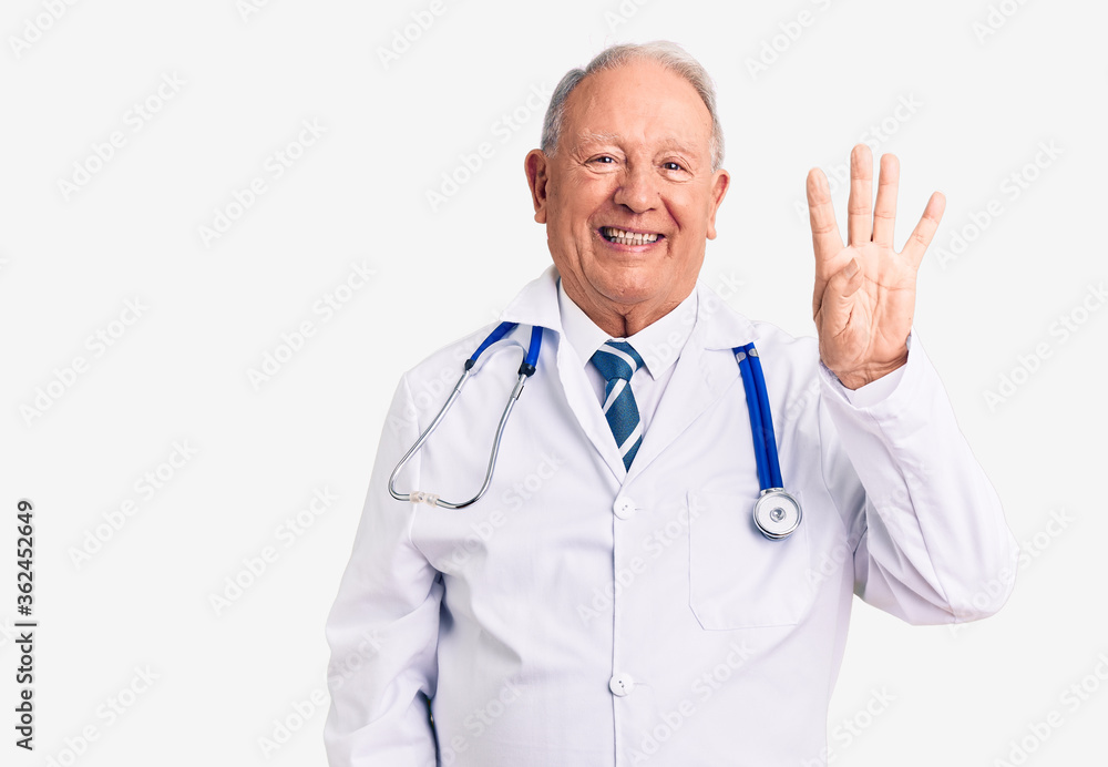 Senior handsome grey-haired man wearing doctor coat and stethoscope showing and pointing up with fingers number four while smiling confident and happy. Senior handsome grey-haired man wearing doctor coat and stethoscope showing and pointing up with fingers number four while smiling confident and happy.