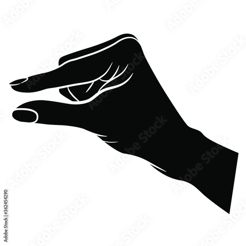 Human hand holding tiny object. Pinch gesture. Cartoon style. Black and white silhouette.