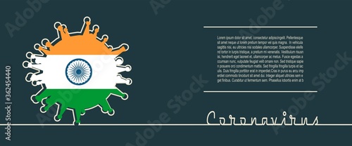 Abstract virus silhouette and Coronavirus text in thin line style. Coronavirus virus danger relative illustration. Medical research theme. Virus epidemic alert. Flag of the India