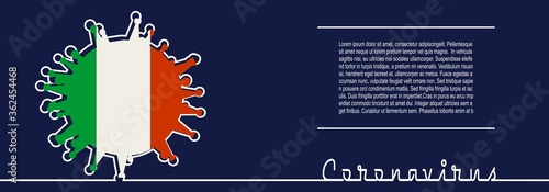Abstract virus silhouette and Coronavirus text in thin line style. Coronavirus virus danger relative illustration. Medical research theme. Virus epidemic alert. Flag of the Italy