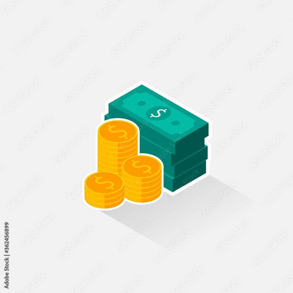 Obraz premium Dollar Money and Coin - White Stroke+Shadow icon vector isometric. Flat style vector illustration.