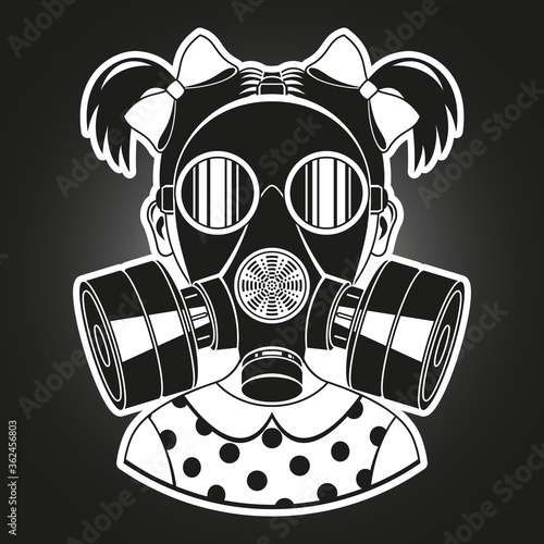 Little girl with gas mask. Monochrome vector illustration.