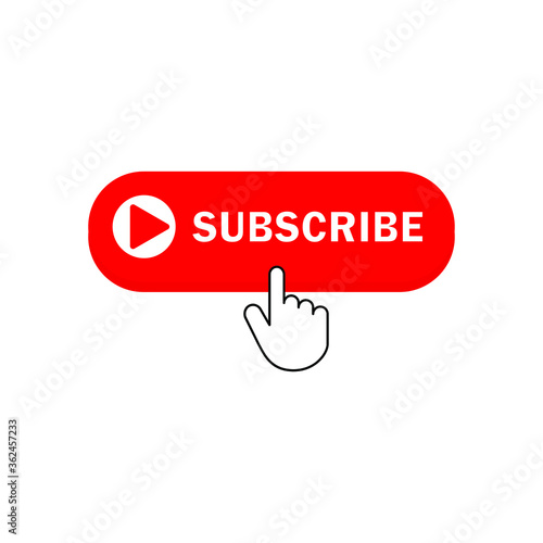 Red button subscribe of channel vector isolated on white background. Subscribe button in flat style. Red button subscribe to video channel, blog, newsletter. Social media background. Marketing. EPS10
