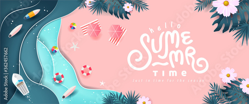 Summer banner design with paper cut tropical beach bright Color background.Paper art concept.