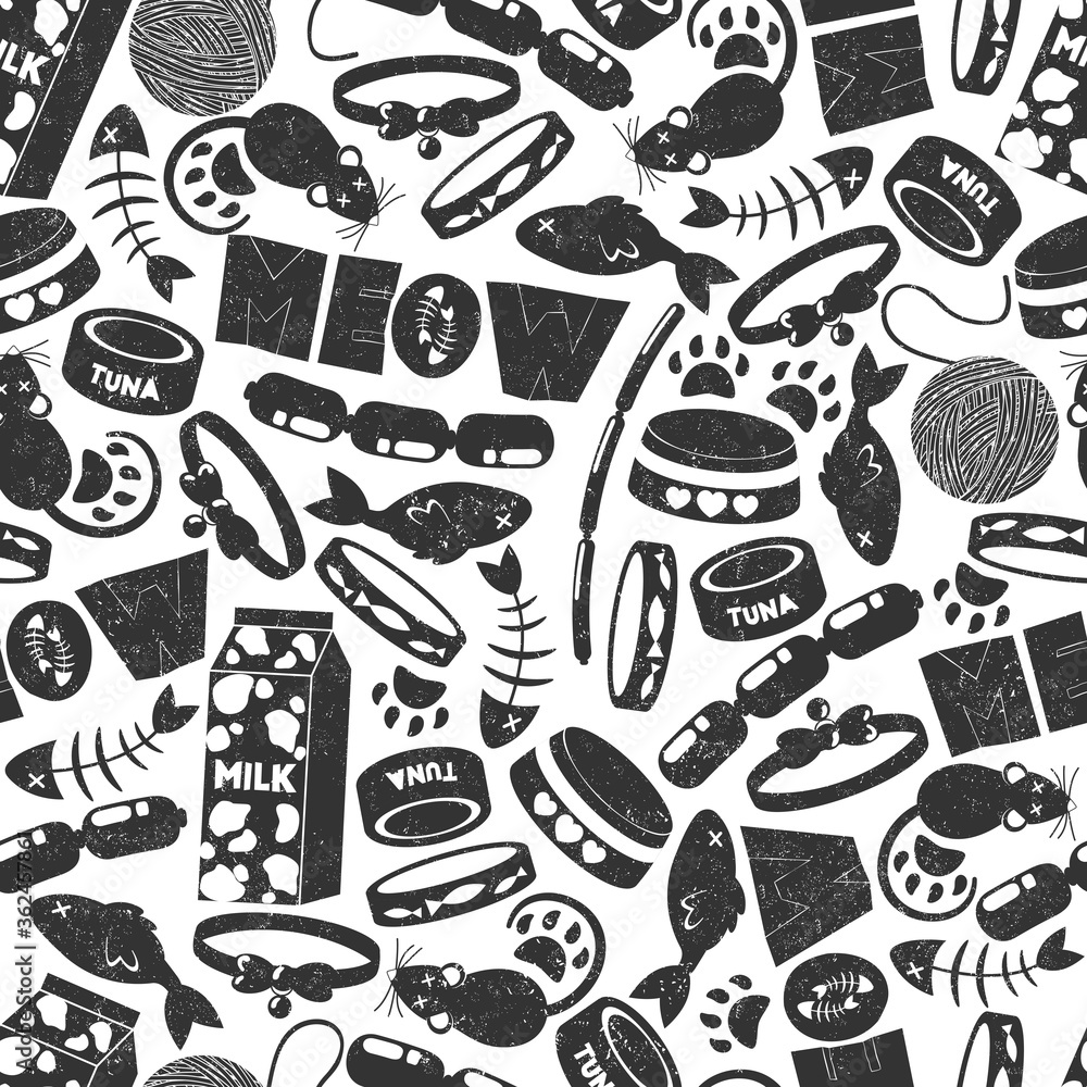 Seamless vector pattern with black and white cat objects bowls, fish bones, toys, pet food on white background. Cat lover design for print, fabric, card, wallpaper, packaging