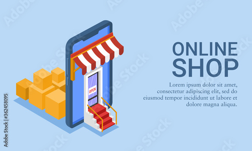 Vector illustration of an online shop and marketplace concept. Isometric background of a front view of an online shop. Shop entrance from the screen of a smart phone.