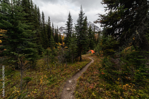 hiking path in the mountains in autumn with a cloudy sky with a tent in the back