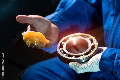 Quadro su tela Mechanic is putting yellow grease in the into bearing, engineering and industrial concept