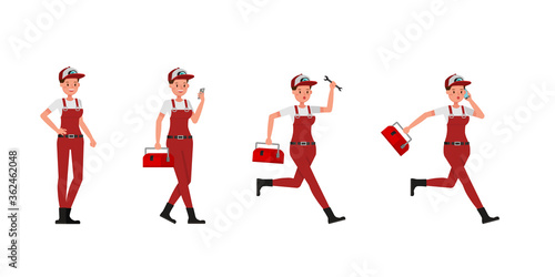 Plumber woman character vector design. Presentation in various action.
