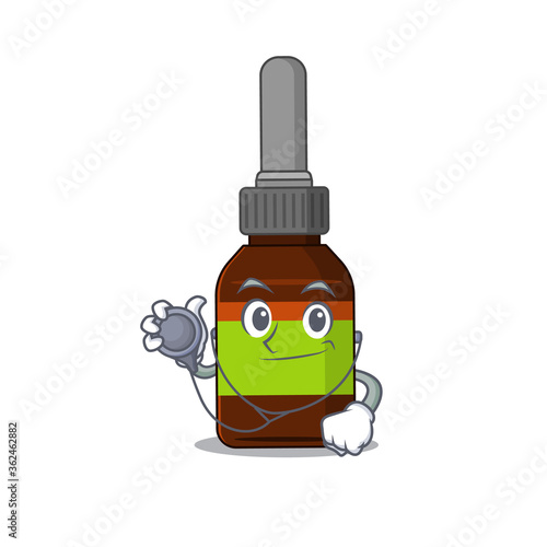 A dedicated liquid bottle doctor caricature design working with tools