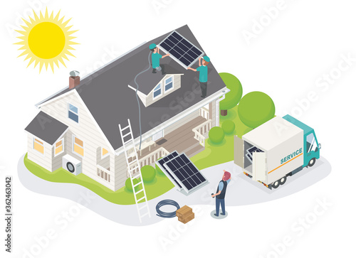 solar cell team service install for new customer isometric designed photo