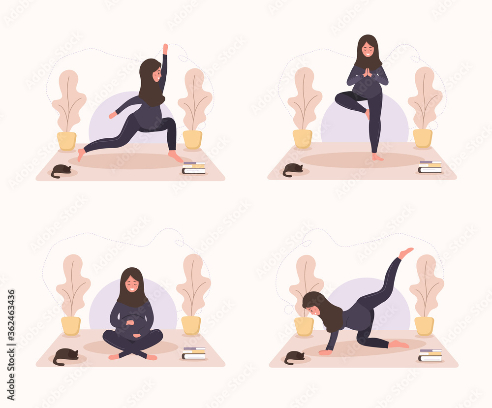 Collection arab pregnant women doing yoga, having healthy lifestyle and relaxation. Bundle exercises for girls. Modern vector illustration in flat style. Happy pregnancy concept on white background.