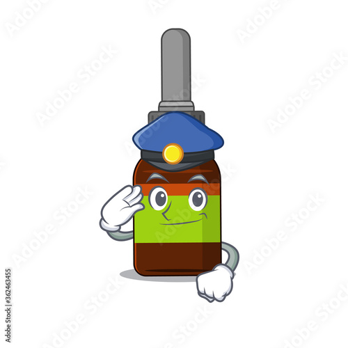 A handsome Police officer cartoon picture of liquid bottle with a blue hat