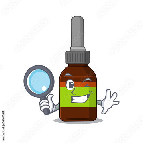 cartoon mascot design of liquid bottle super Detective breaking the case using tools