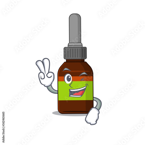 A joyful liquid bottle cartoon mascot style show two fingers pose