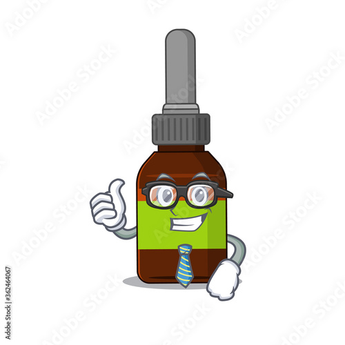 cartoon mascot style of liquid bottle Businessman with glasses and tie