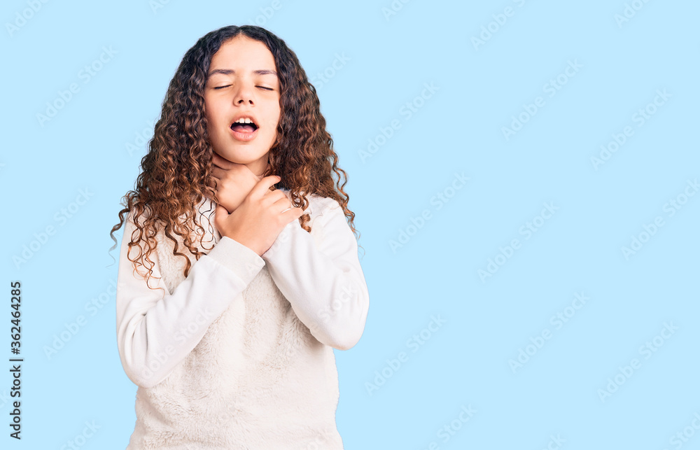 Beautiful kid girl with curly hair wearing casual clothes shouting and suffocate because painful strangle. health problem. asphyxiate and suicide concept. Beautiful kid girl with curly hair wearing casual clothes shouting and suffocate because painful strangle. health problem. asphyxiate and suicide concept.