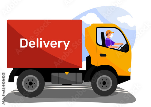 vector illustration of truck with word delivery on red workbody and driver wearing protective mask in cabin on road
