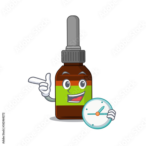 A picture of cheery liquid bottle holding a clock