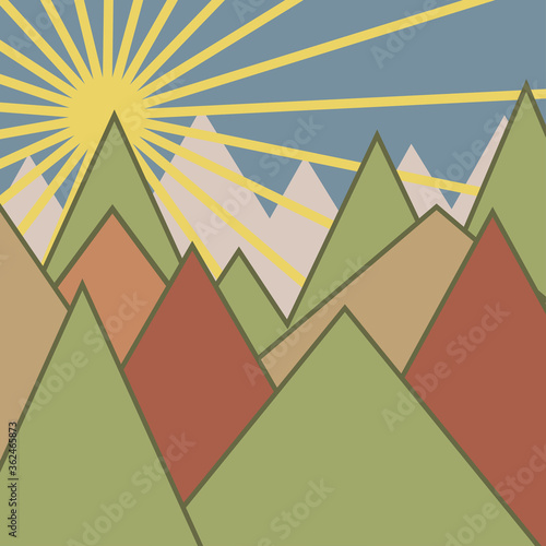 An abstract landscape of triangular mountain peaks and sun background image.