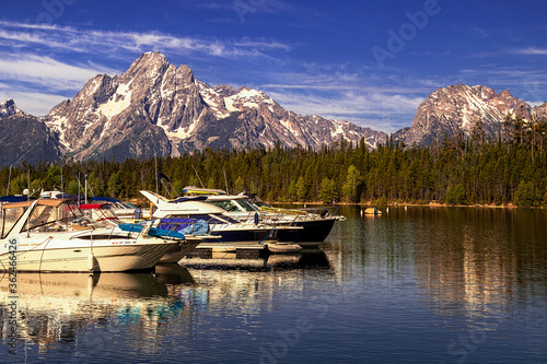 Jackson Lake and boats in Grand Teton National Park