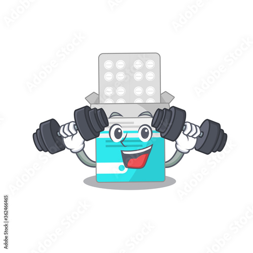 Muscular medical medicine bottle mascot design with barbells during exercise
