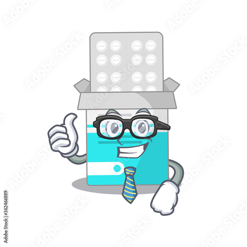 cartoon mascot style of medical medicine bottle Businessman with glasses and tie