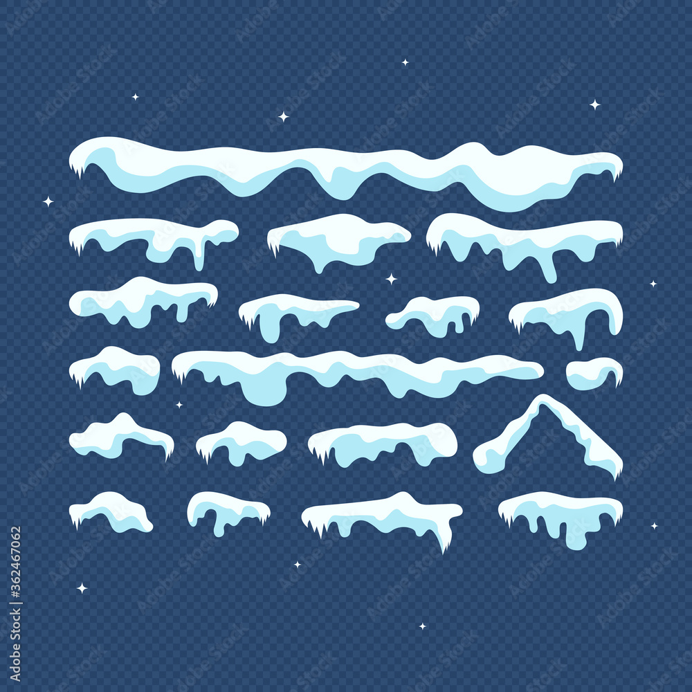 Snow caps. Christmas cartoon vector. Snowfall and snowflakes Snowy elements on winter background. Vector template in cartoon style for your design. Snow caps. Christmas cartoon vector. Snowfall and snowflakes Snowy elements on winter background. Vector template in cartoon style for your design.