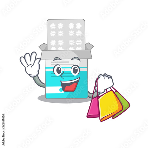 Medical medicine bottle wealthy cartoon character concept with shopping bags