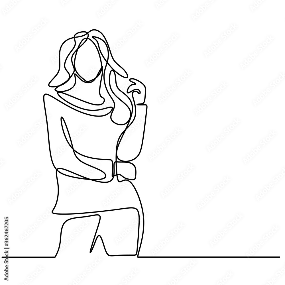 Continuous line drawing of three woman standing pose. Young smiling  beautiful girl holding in a campus while holding book. Women in character  happy teenager student. Back to school concept 2099761 Vector Art