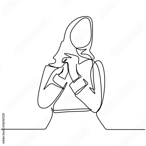 One single line drawing of young happy muslim lady with head scarf. Beautiful girl wearing a hijab stands and poses in front of the camera as a model. Asian women in trendy hijab fashion concept