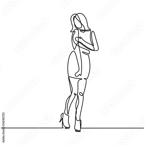 Continuous line drawing of happy woman posing as professional model. Beautiful girl standing while pose in front of the camera. Beauty fashion female young figure. Minimalist stylish art
