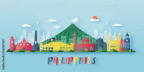 Philippines Travel postcard, poster, tour advertising of world famous landmarks. Vectors illustrations