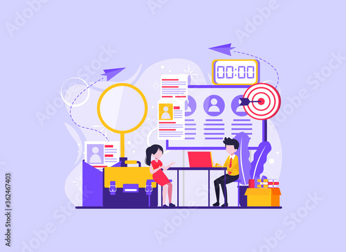 tiny people job interview. Employee hiring. HR management. Employment service. Candidates seeker. Human resources, HR team work, headhunter service concept. Vector illustration