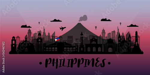 Philippines Travel postcard, poster, tour advertising of world famous landmarks. Vectors illustrations