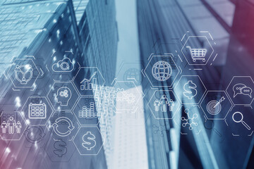 ERP (Enterprise Resource Planning). Business intelligence control panel marketing on modern city of the future background.