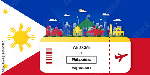 Philippines Travel postcard, poster, tour advertising of world famous landmarks. Vectors illustrations