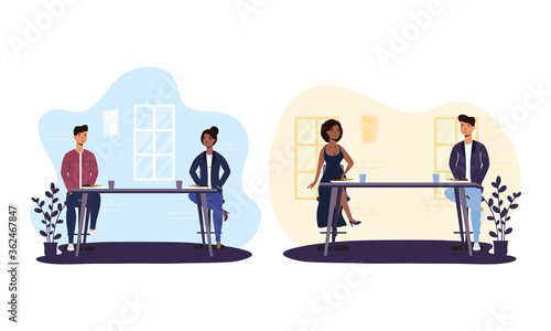diversity people dinning in restaurant practicing social distancing ,covid19 prevention method