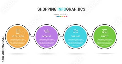 Concept of shopping process with 4 successive steps. Four colorful graphic elements. Timeline design for brochure, presentation, web site. Infographic design layout.