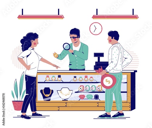 Jewelry store, vector flat illustration. Jewelry shop interior with jeweler looking at jewelry under magnifying glass and happy couple buying precious diamond ring.