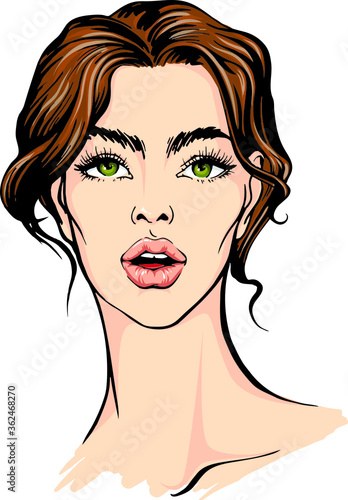 Vector illustration : young brunette woman with green eyes. Hand drawn face. Isolated on white element for beauty , fashion design.