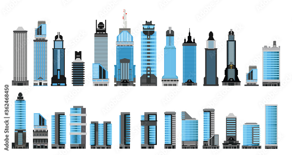 City towers and buildings in flat style on white background.