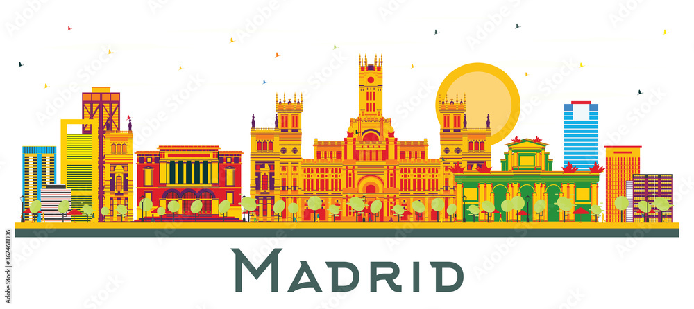 Madrid Spain City Skyline with Color Buildings Isolated on White.