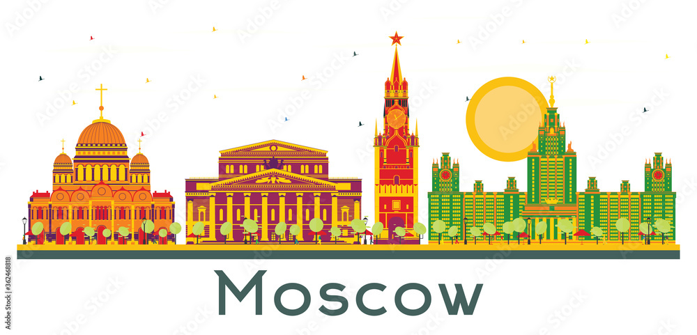 Moscow Russia City Skyline with Color Buildings Isolated on White.