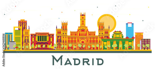 Madrid Spain City Skyline with Color Buildings Isolated on White.