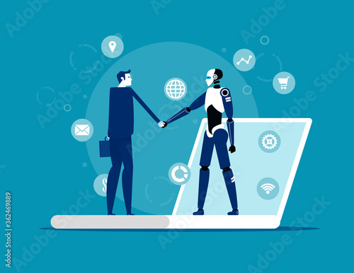 Human interactive tech interaction. Artificial intelligence technology concept. Flat cartoon style design