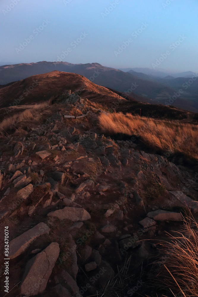 Bieszczady Mountains in the light of the setting sun